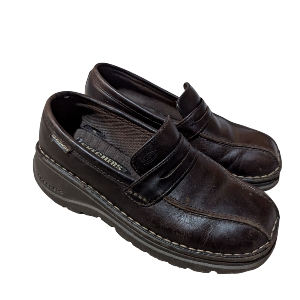 Vintage Y2K Skecher's Chunky Platform Loafers Shoe Brown Leather 90s Size 6.5 - Picture 8 of 10